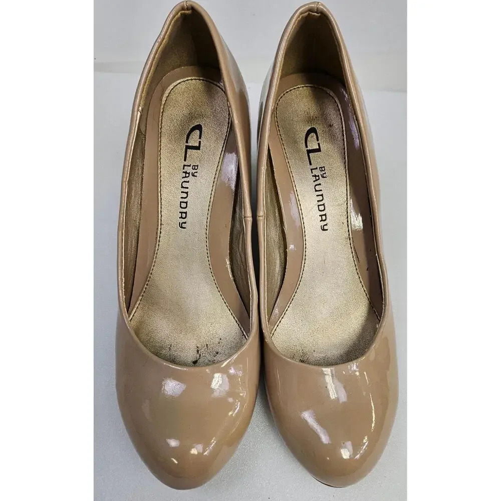 CL By‎ Laundry Marcie Wedge Pump Shoes 5.5 Beige Tan Shiny Corporate Work Heels